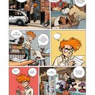 Eine Comic-Seite: Ein rothaariger Junge namens Spirou interagiert mit einem Eichhörnchen und liest einen Brief.