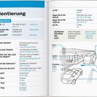 Kapitel über Orientierung. Schlüsselphrasen: "Wo ist?", "Wie lautet die Adresse?", "Ist das weit?" Illustrationen von Verkehrssituationen.