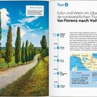 Groß & Schlank: Zypressenalleen und Straßen mit hellem Schotterbelag sind typisch für die Toskana. Links Zypressen an Weg. Rechts Reiseinfo von Florenz nach Volterra mit Karte.