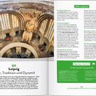 Seite mit Text über Leipzig. Links: Foto von großen Steinstatuen in einem Rundbau. Text beschreibt kulturelle Sehenswürdigkeiten.