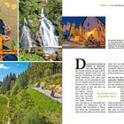 TOUR 4 DIE ZENTRALSCHWARZWALD-RUNDE. "Die Straße wird zu schmal für Autos". Drei Bilder: alte Frau am Spinnrad, ein Wasserfall, und eine kurvige Waldstraße.