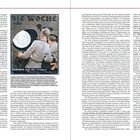 Texte: "Die Woche", "Kolonien auf der Venus?", "Wünschelrute der Menschheit". Zwei Männer betrachten einen großen Bildschirm.