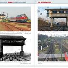 2. Exkurs: Ebenerdig, Turm oder Container. Oben links ein Zug, oben rechts ein Gleisgebäude, unten historische Stellwerke.