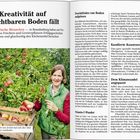 Seite 298: "Wo Kreativität auf fruchtbaren Boden fällt". Frau mit grüner Weste vor Apfelbaum, hält Äpfel.
