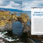 Text: "Snaefellsnes und die Westfjorde - Einsame Fjorde mit Zaubervulkan". 

Steinbogen im Meer mit Bergen im Hintergrund.