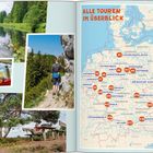 "ALLE TOUREN IM ÜBERBLICK." Karte mit markierten Wanderorten. Fotos: Natur, Picknick-Snack, Wanderer, Picknickbank mit Person.