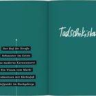 Links Text mit Pfeil: "Der Ruf der Straße", "Schwester im Geiste", "Eine moderne Karawanserai", "Ein Visum vom Markt", "Probesitzen mit Kürbisfuß", "Tiefpunkt im Hochgebirge". Rechts kalligrafisch: "Tadschikistan".