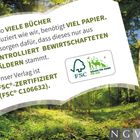 Text über nachhaltige Papierproduktion und FSC-Zertifizierung. FSC-Logo zeigt Baum, Tiere. Hintergrund: Wald mit Bäumen.