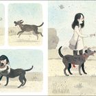 Illustration: Eine Frau in roter Brille läuft zu einem Hund, umarmt ihn und schüttelt schließlich die Hand eines Jungen.