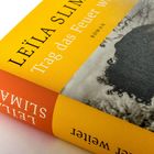 "Leïla Slimani - Trag das Feuer weiter. Roman." Gelbes Buchcover mit Foto eines Gesichts. Autorname auch am Buchrücken.