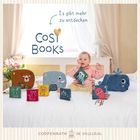 "Es gibt mehr zu entdecken. Cosi Books." Ein Baby spielt mit bunten Stoff-Tierbüchern auf einem Bett.