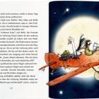 Seite 138. Ein Vogel und ein Mensch fliegen auf einem roten Flugzeug vor einem großen, strahlenden Vollmond.