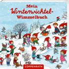 Titel: "Mein Winterwichtel-Wimmelbuch." Kinder mit roten Mützen spielen fröhlich im Schnee.