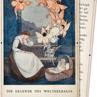 Text: "DIE LEGENDE DES WECHSELBALGS". Illustration einer Frau am Fenster, umgeben von flatternden, orangefarbenen Feen.