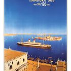 Ein farbenfrohes Plakat mit den Texten "Cie Gle TRANSATLANTIQUE", "French Line", "Havre, Plymouth, New-York".