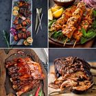 Verschiedene gegrillte Speisen: Rippchen, Gemüse, Hähnchenspieße mit Zitronen, Joghurtsauce und Zwiebeln auf Tellern.