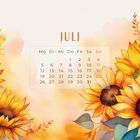 "Juli" überschriebener Kalender mit Monatsübersicht, von Sonnenblumen umrahmt.