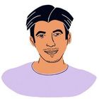 Ein stilisiertes Porträt eines Mannes mit dunkelbraunem Haar und Bart, er trägt ein lila Oberteil.