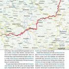 Karte mit roter Route zwischen Marburg und Koblenz. Städte: Siegen, Gießen, Limburg. Texte beschreiben Landschaften und Sehenswürdigkeiten.