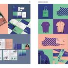 Texte: "Raum für große Ideen.", "Wissensträger", "Neue Schritte gehen". Viele Branding-Materialien in Blau, Grün und Lila.