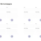 "Bwertungen" oben. Vier Abschnitte mit "Was", "Meine Meinung" und Bewertungskreis "/10". Schlichtes Layout, lila Akzente.