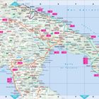 Es zeigt eine Landkarte von Süditalien mit farbigen Routen und Städtekennzeichnungen, umgeben von Gewässern.