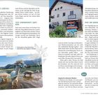 **Langsam, leise, liebevoll** - Beschreibung einer Wanderung mit Alpakas. **Tiefe Verbundenheit, zarte Nähe** - Rast an frischem Gras. **Ruhe und Dankbarkeit** - Weg führt zum Seeufer. **Impulse für achtsames Wandern** - Verbindung mit den Tieren intensiv erleben. Links Alpakas in einem See, rechts ein Gebäude mit Schildern.