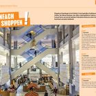 Texte: "Finde beim Shopping die besten Stores!", "EINFACH SHOPPEN!", "Shopping in Kopenhagen", "Einkaufsstraßen", "Strøget", "Strædet", "Kaufhäuser", "Magasin du Nord".

Szene: Innenansicht eines mehrstöckigen Einkaufszentrums mit Rolltreppen, einem Kronleuchter und einem Eataly-Shop.