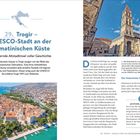 29. Trogir – UNESCO-Stadt an der dalmatinischen Küste. Bezaubernde Altstadtinsel voller Geschichte. Texte über die historische Bedeutung und Sehenswürdigkeiten von Trogir. Links eine Luftaufnahme der Insel, rechts ein Bild der Kathedrale.