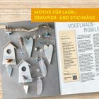 Text oben: "Motive für Laub-, Dekupier- und Stichsäge". Rechts: Anleitung "VOGELHAUS-MOBILE". Links: DIY-Deko mit Vogelhäusern und Herzen.