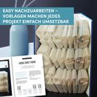 Text: "EASY NACHZUBEARBEITEN – VORLAGEN MACHEN JEDES PROJEKT EINFACH UMSETZBAR" und "HOME SWEET HOME". Buchkunst mit gefaltetem Text.