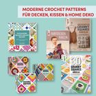 Texte: "Moderne Crochet Patterns für Decken, Kissen & Home Deko", Buchcover mit bunten Häkelmustern.