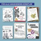 Texte: "FÜR ALLE ANGEHENDEN KÜNSTLER", "Go Out and Sketch", "Die Kunst des Zeichnens - Tiere", "Sketching Nature", "Zeichnen mit Pen & Ink", "Architektur zeichnen unterwegs", "Realistisch Zeichnen Lernen". 

Cover von sechs Kunstbüchern mit verschiedenen Illustrationen.