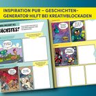 "Inspiration pur – Geschichtengenerator hilft bei Kreativblockaden." Comics in verschiedenen Genres mit leeren Feldern.