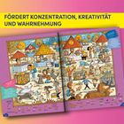 "FÖRDERT KONZENTRATION, KREATIVITÄT UND WAHRNEHMUNG" steht oben. Darunter ein buntes Wimmelbild auf einem Markt.