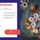 "Apfelküchlein" Rezept links, Apfelscheiben mit Puderzucker auf Holzbrett rechts, dekoriert mit frischen Äpfeln.