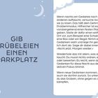 GIB GRÜBELEIEN EINEN PARKPLATZ. Anweisungen zur Ablage von Gedanken nachts. Hintergrund: Himmel mit Mond und Wolken.