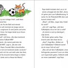 Text über eine Unterhaltung zwischen Katzen und Menschen über Fußball. Zwei Katzen und zwei Kinder in Fußballtrikots.