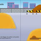 Text: "Auf der Baustelle. Was passiert auf der Baustelle? Lass den Bagger ein großes Loch graben. Klebe dann noch andere bunte Sticker ein." Illustration von Baustelle mit Sandhaufen, Absperrung und Gebäuden im Hintergrund.