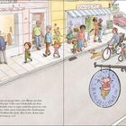 Text: „Knospe“, „Brauseschwein“. Illustration einer geschäftigen Straße mit Menschen, Geschäften, Fahrrädern und Tauben.