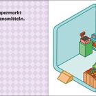 Links steht „Befülle diesen Supermarkt mit leckeren Lebensmitteln.“ Rechts eine Illustration mit Obst, Gemüse und Regalen.