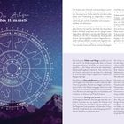 "Die Achsen des Himmels." Horoskop-Kreisanordnung mit Sternzeichen und Symbolen auf lila Hintergrund mit Sternen und Bergen.