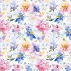 Keine Texte vorhanden. Aquarell-Illustration mit bunten Blumen in Rosa, Blau und Gelb auf weißem Hintergrund.