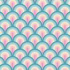 Das ist eine Illustration mit wiederholten, regenbogenartigen Bögen in Pastellfarben: Blau, Rosa, Gelb und Weiß.