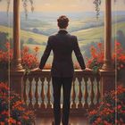 Text: "ZWEI DER STÄBE" unten.  
Ein Mann in einem Anzug steht auf einem Balkon, überwuchert mit roten Blumen, und blickt auf eine weite Landschaft.