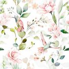 Ich sehe keinen Text. Es ist eine Illustration mit Kolibris und zarten rosa Blumen und Blättern auf weißem Hintergrund.