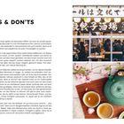 "JAPAN DOS & DON'TS ESSEN GEHEN." Links Erklärtext, rechts oben Restaurant, unten Tee-Set mit Blumen.