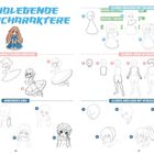 "Grundlegende Kindercharaktere" zeigt Schritt-für-Schritt-Anleitungen zum Zeichnen von Kindern in verschiedenen Posen.