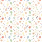 Eine nahtlose Illustration mit bunten Ostereiern, Blumen und Blättern auf weißem Hintergrund.