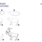 Schritte zur Zeichnung eines Karibus; Nummern 1-7. Lehrertext: "Jetzt bist du dran!" im oberen Bereich.